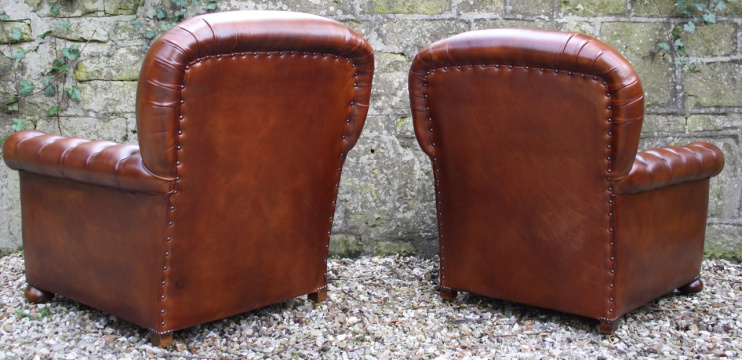 Buttoned Arm Antique Leather Club Chair Pair